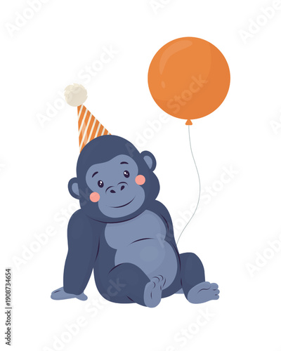 Baby gorilla in party hat holding an orange balloon. Pastel flat vector with gentle shading. Safari animal character clipart on white. For kid birthdays, invitations, cards, posters, nursery decor