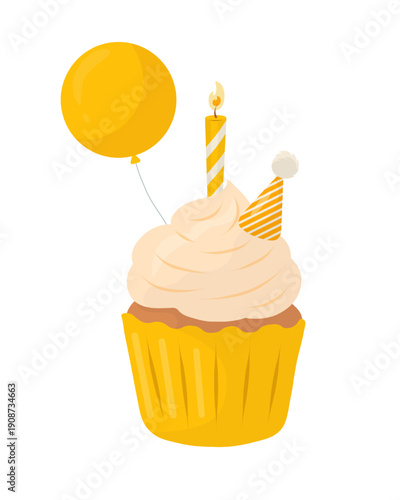 A yellow balloon, a party hat with a candle, and a cupcake with cream. Vector illustration in pastel colors. Birthday dessert icon. Suitable for invitations, cards, posters, stickers, advertising