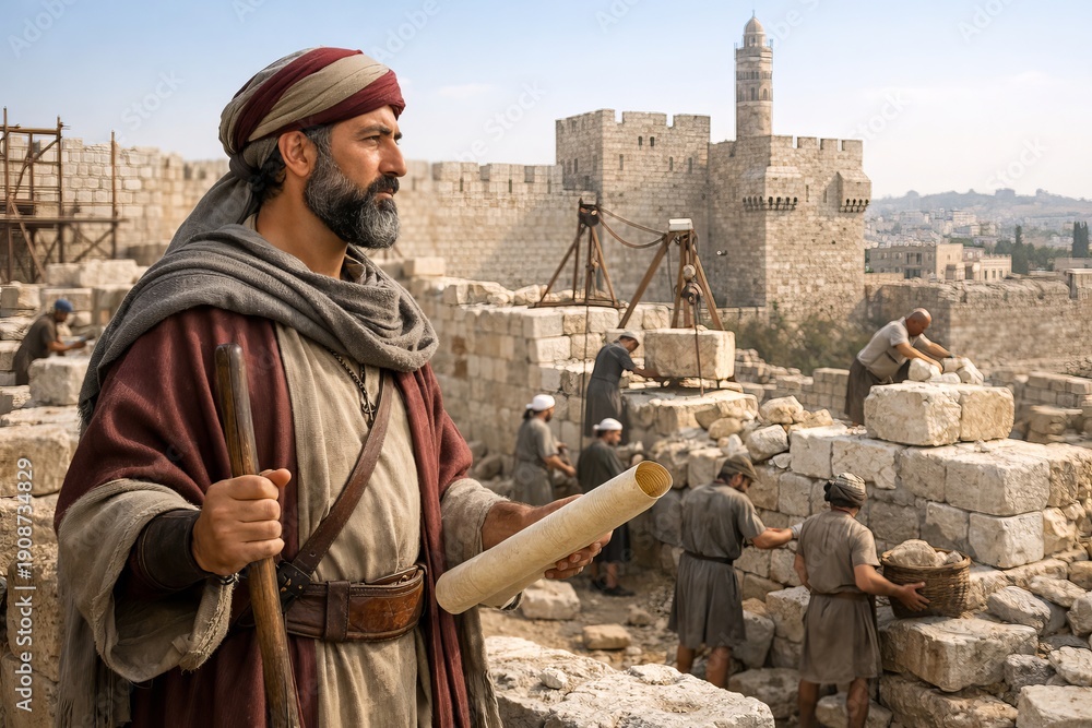 Naklejka premium Nehemiah overseeing rebuilding of Jerusalem walls