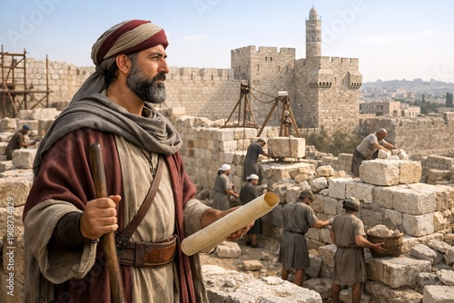 Nehemiah overseeing rebuilding of Jerusalem walls