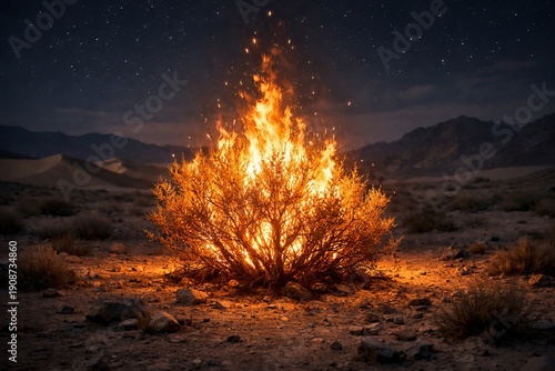 Burning Bush glowing in dark desert night, cinematic divine encounter