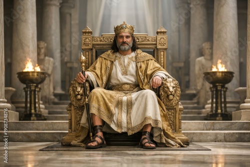 Solomon seated on throne in grand Temple interior, light and symmetry