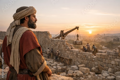 Nehemiah overseeing rebuilding walls at sunrise, hope and restoration