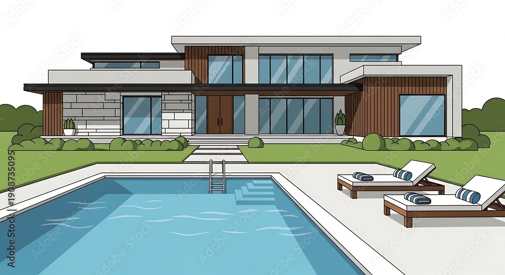 Fototapeta premium Modern House with Swimming Pool and Lounge Chairs.