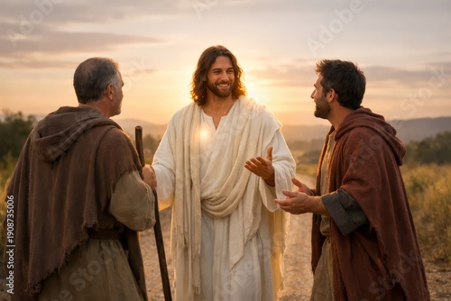 Road to Emmaus journey with risen Jesus at sunset, revelation moment