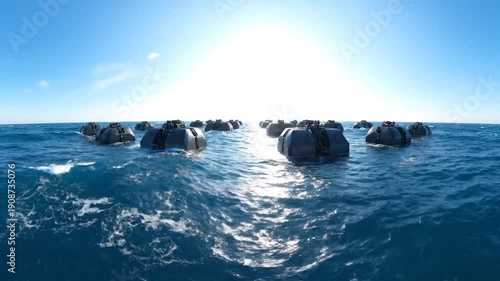 Expansive 360 degree panoramic view of the open ocean with rocky formations under a bright sunny sky.
