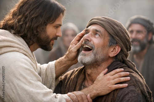 Jesus restoring sight to the blind, dramatic moment of revelation