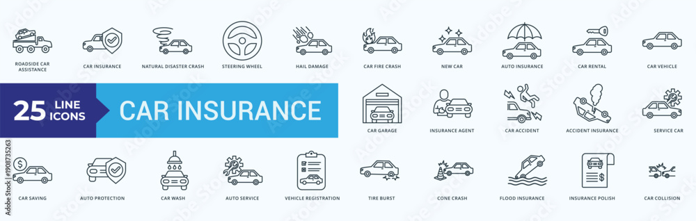 Fototapeta premium Car Insurance Icon Pack Illustration Vector Outline Style
