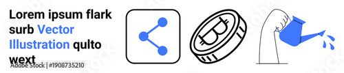 Social media, technology, cryptocurrency, growth, sustainability, nature preservation. Blue share icon, crypto coin and watering can. Social media and technology