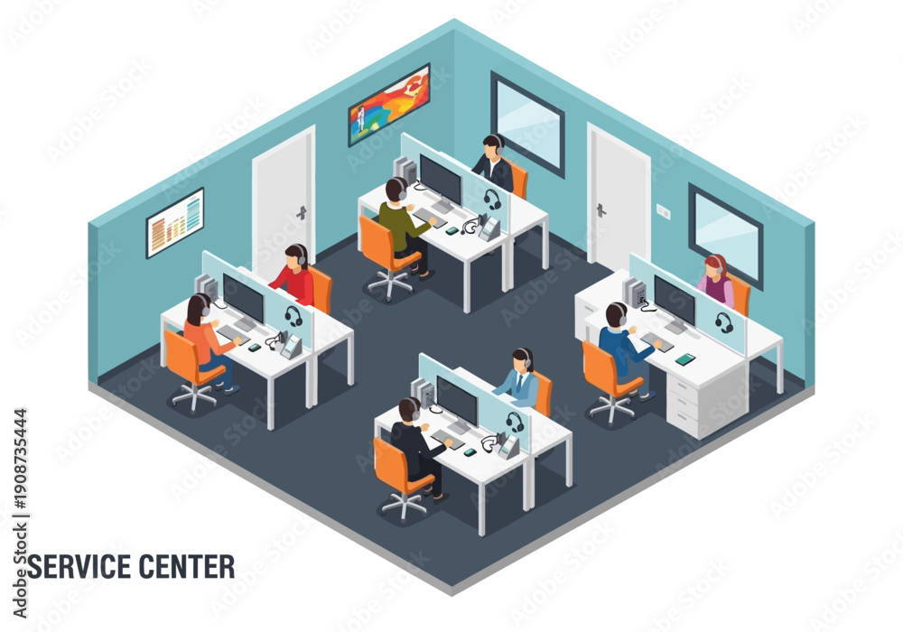 Fototapeta premium People working at computers in a modern service center office environment with multiple workstations