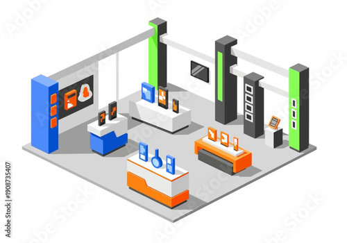 Isometric illustration of a modern exhibition booth with sleek displays and vibrant colors