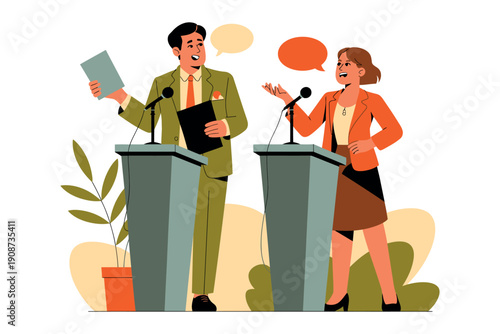 A man and woman giving a presentation at two podiums with microphones in a conference setting.