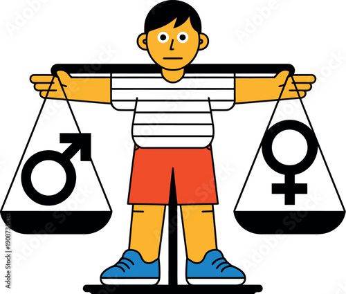 A cartoon boy balancing the scales of gender equality with male and female symbols.