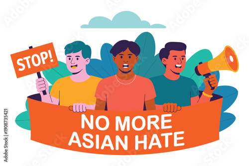 A diverse group of people holding a banner that reads 'No More Asian Hate' in a powerful display of unity and solidarity.