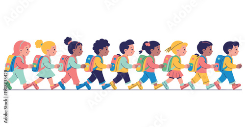A diverse group of happy children walking together in a line, holding hands and wearing colorful backpacks.