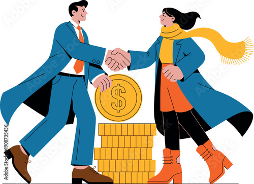 A businessman and woman shaking hands over a stack of gold coins, symbolizing a successful financial partnership