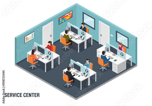 People working at computers in a modern service center office environment with multiple workstations