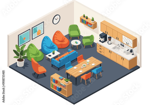 Modern office interior with furniture, kitchenette, and decor viewed from above