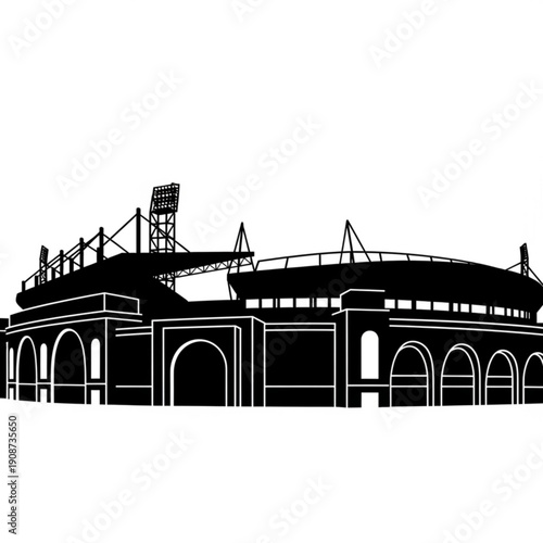 Black and white illustration of a large stadium with arches
