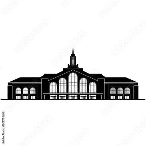 Black and white illustration of a large building with a steeple on top