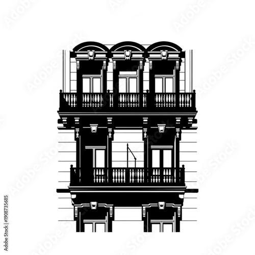 Black and white architectural drawing of a building facade with balconies