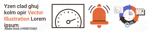 Business growth, efficiency, alert systems, time management, workflow optimization, technology solutions. Contains speedometer, bell and chart icons. Business growth and efficiency concept