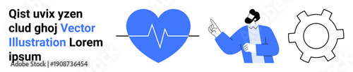 Man pointing toward heart with pulse line and gear symbol, communicating health, analytics, teamwork, development, innovation, strategies, and solutions. Ideal for healthcare technology education