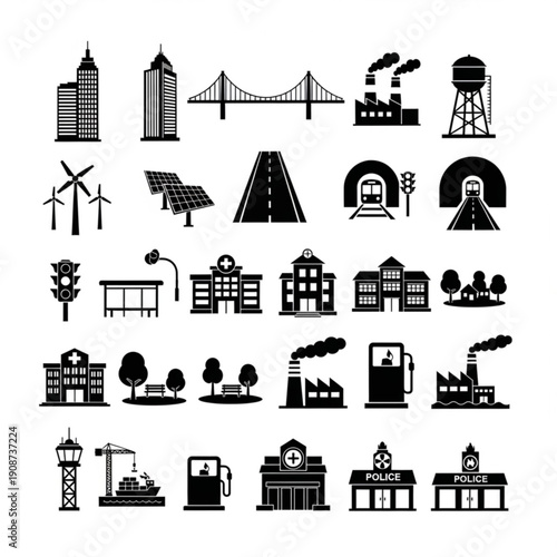 Collection of city and industrial icons in black silhouette
