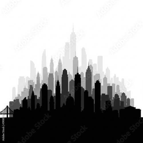 City skyline silhouette with tall buildings