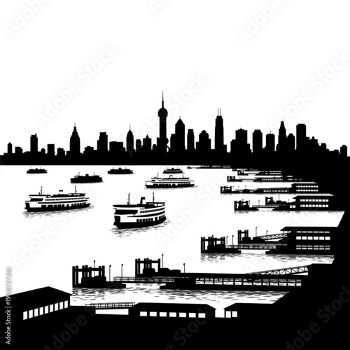 Black silhouette of a city skyline with boats on the water