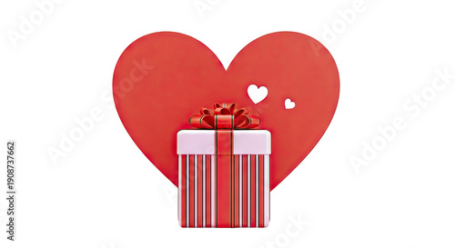 Gift Box and Red Heart Illustration with Smaller Hearts
