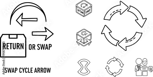flat and linear set icons, return or swap icon, swap cycle arrow, simple symbols on white and black background - editable stroke vector illustration
