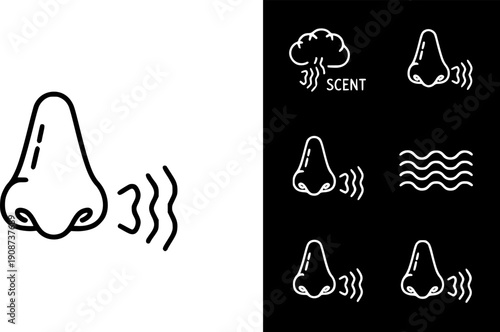 flat and linear set icons, nose icon, sense smell, odour scent, simple symbols on white and black background - editable stroke vector illustration
