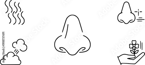 flat and linear set icons, nose icon, sense smell, odour scent, simple symbols on white and black background - editable stroke vector illustration
