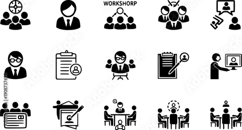 workshop icons, icon set of teamwork with coaching, training, meeting, simple symbols, linear vector illustration, outline editable stroke
