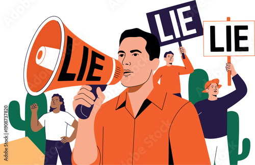 A group of people protesting against lies and misinformation with signs and a megaphone