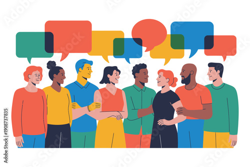 A diverse group of people standing together and communicating with each other in a colorful illustration.