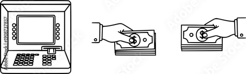 flat and linear set icons, withdraw cash money in atm icon, operation with take deposit, hand with dollars