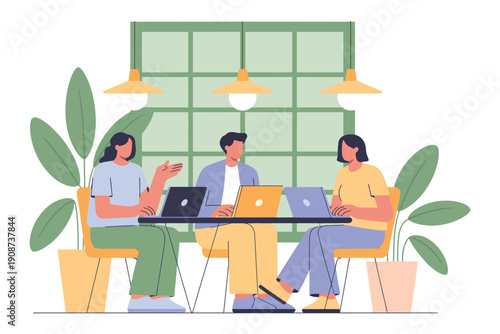 Three colleagues working together on laptops in a modern office setting with plants and large windows