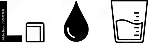 flat and linear set icons, liter icon, drop liquid, capacity water, simple symbols on white and black background - editable stroke vector illustration
