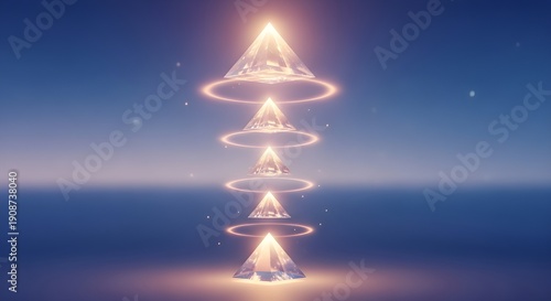 A Serene and Surreal Scene of Glowing Crystal Pyramids Floating in an Abstract Twilight Sky