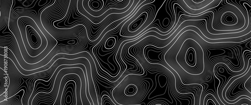 Abstract Vector Topographic Map Texture with White Contour Lines on Black Background.