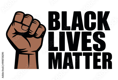A powerful graphic illustration of a raised fist and the words Black Lives Matter on a white background