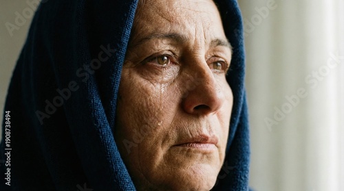 Close-up of an elderly woman's face with tears streaming down her cheeks. Mary, mother of Jesus Christ, weeping.