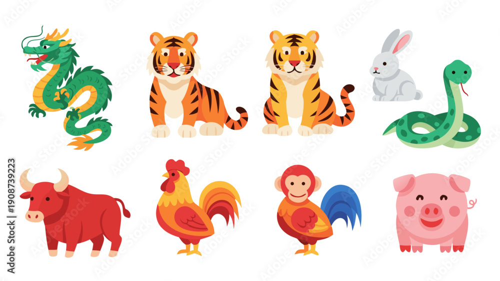 Obraz premium Collection of cute cartoon Chinese zodiac animals on a white background