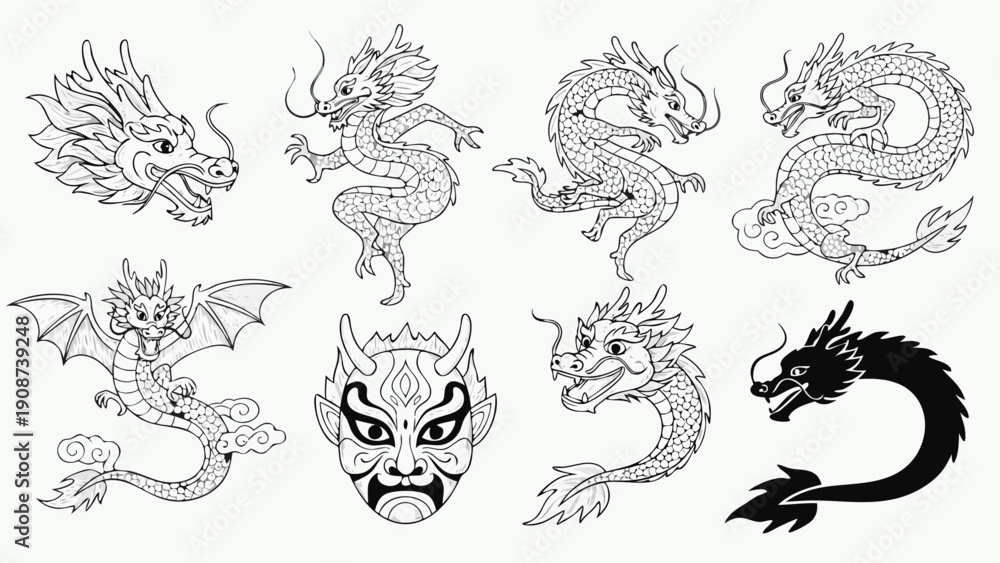 Obraz premium Collection of diverse traditional Asian dragon illustrations and a mask