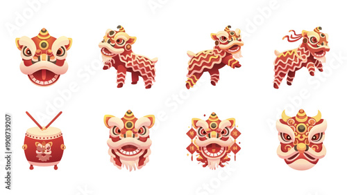 Collection of traditional Chinese lion dance elements and festive symbols