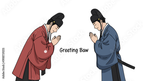 Two men in traditional Korean Hanbok bowing respectfully to each other