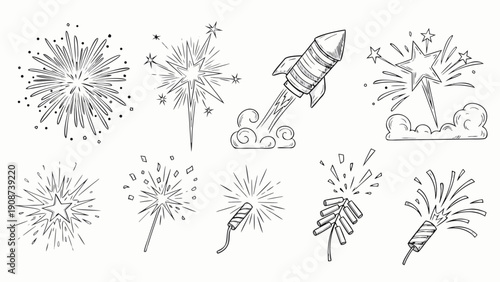 Collection of hand-drawn fireworks and pyrotechnics illustrations in black and white