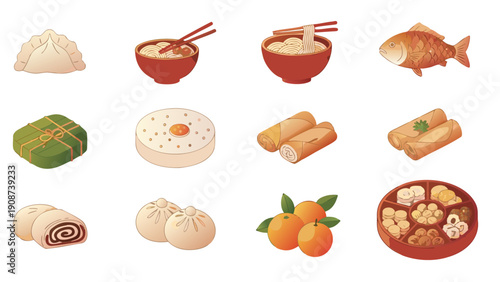 Collection of delicious Asian food illustrations, including dumplings, noodles, and spring rolls